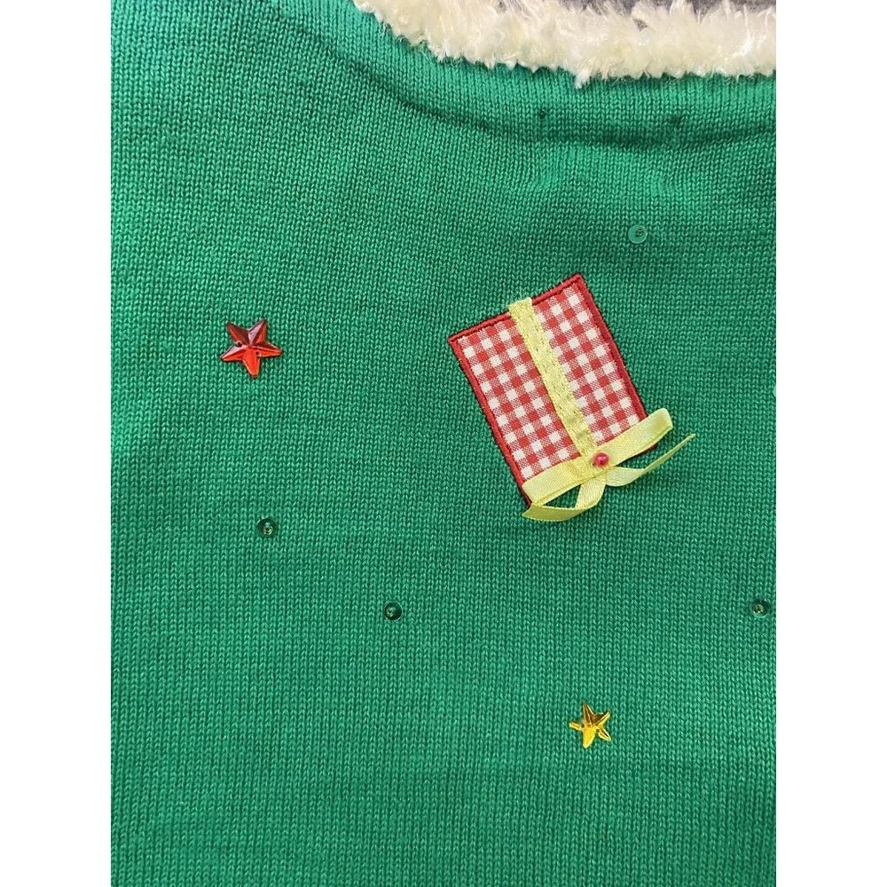 Berek Cardigan Sweater Womens Medium Green Santa Christmas Tree Beaded Ugly - Picture 11 of 11